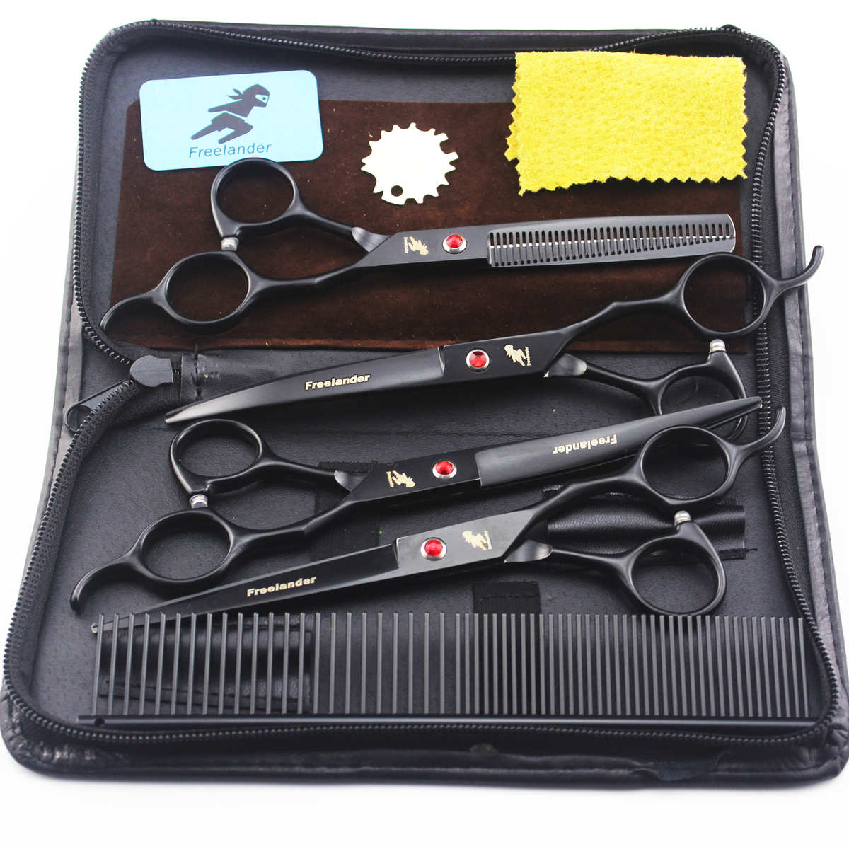 7.0寸 实惠款  黑色 烤漆 4把装 宠物美容剪刀 直剪 套装送钢梳