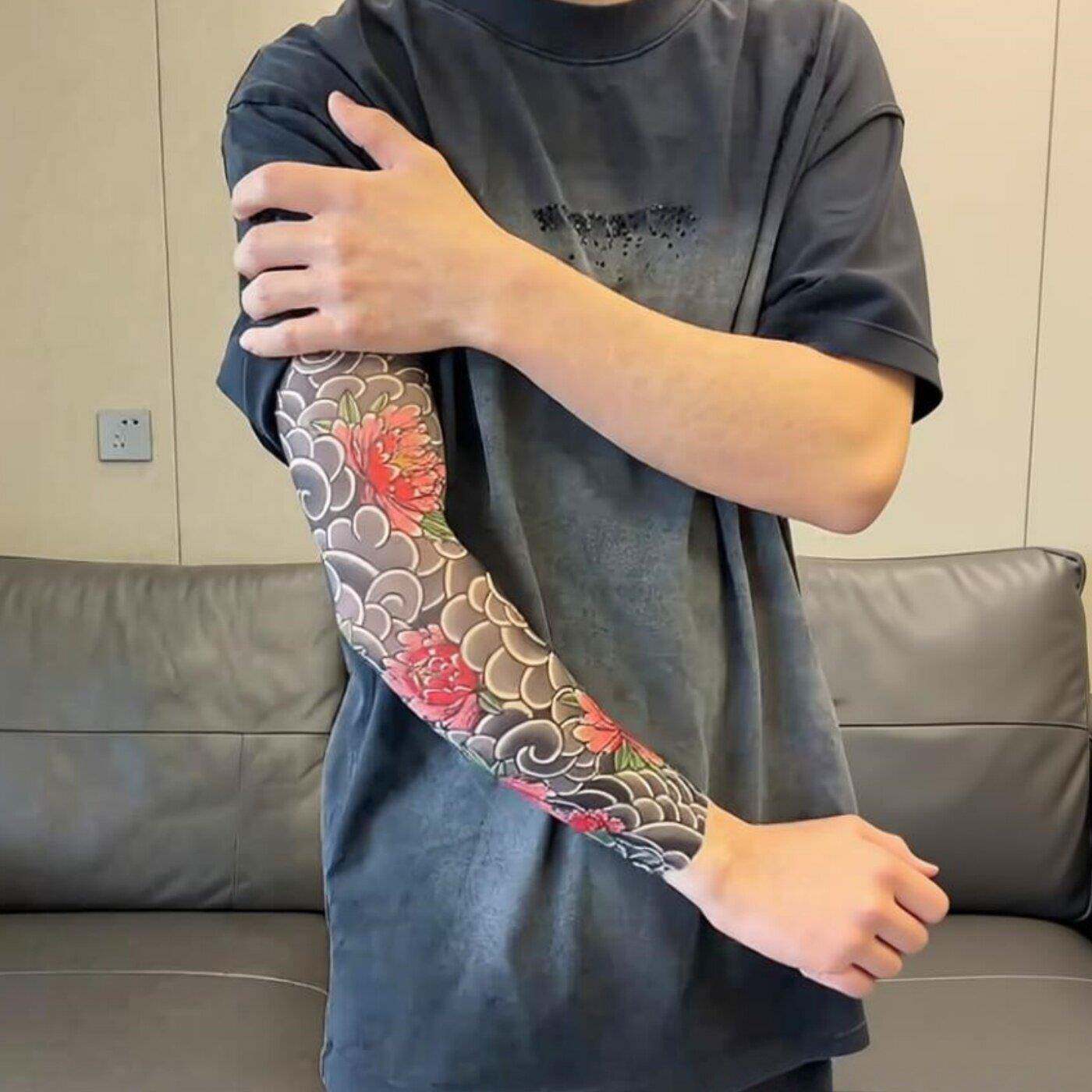 仿真花臂纹身防晒袖套男夏季超薄无痕防护冰袖纹身袖套运动透气