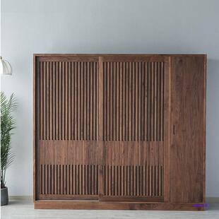 北欧日式 全实木格栅推拉门衣柜简约现代木蜡油黑胡桃橡木衣橱