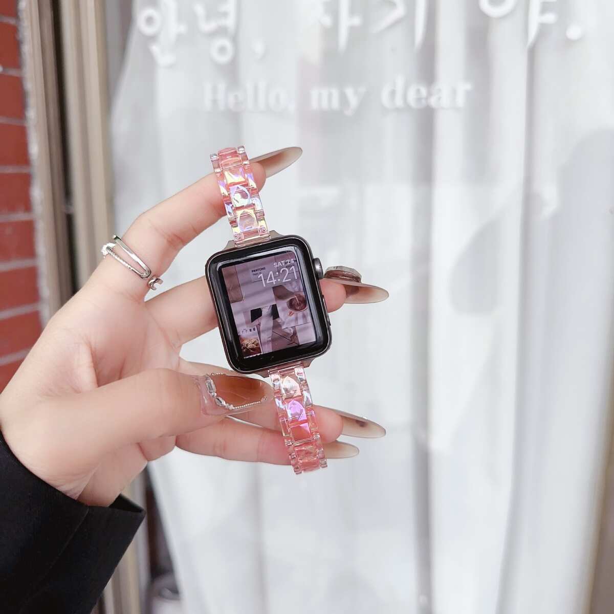适用苹果手表iwatch镭射炫彩表带applewatch三珠透明小蛮腰手表带