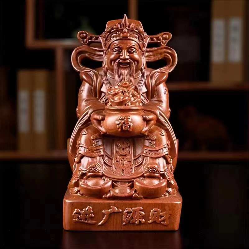 花梨木雕财神爷摆件招财家用供奉装饰品店铺办公室实木质工艺礼品