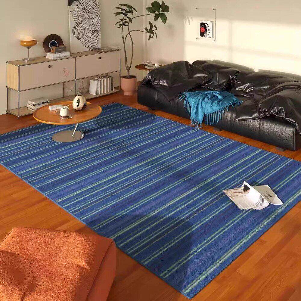 蓝色覆古风条纹地毯客厅2025新款轻奢高级感沙发防水茶几免洗可擦