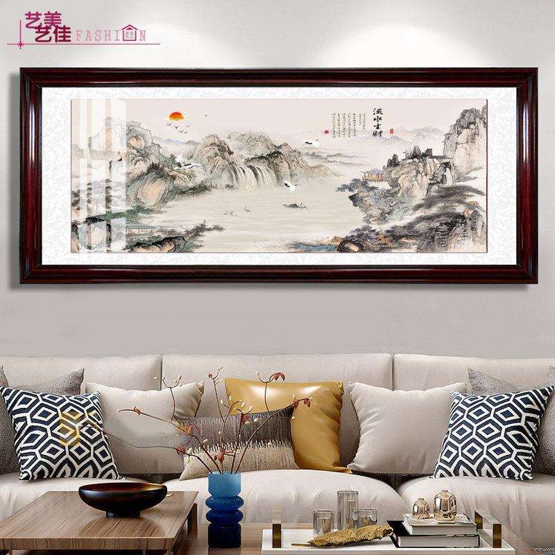 新中式HLN电表箱遮画挡画 画墙实木框装超大尺寸沙发饰 画液压上