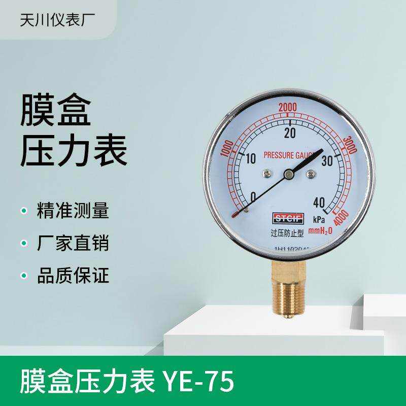 YE-75微压表 膜盒压力表100KPa2.5公斤过压防止型上海天川膜盒表