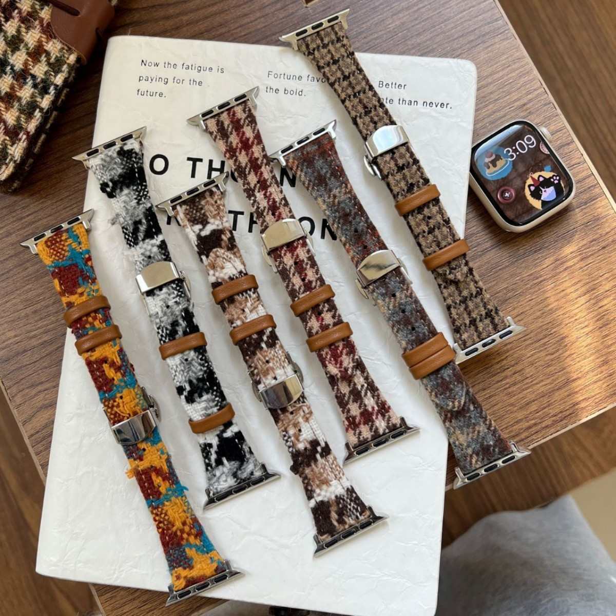 毛呢小蛮腰千鸟格蝴蝶扣表带适用苹果手表iwatch10代9876Ultra/SE