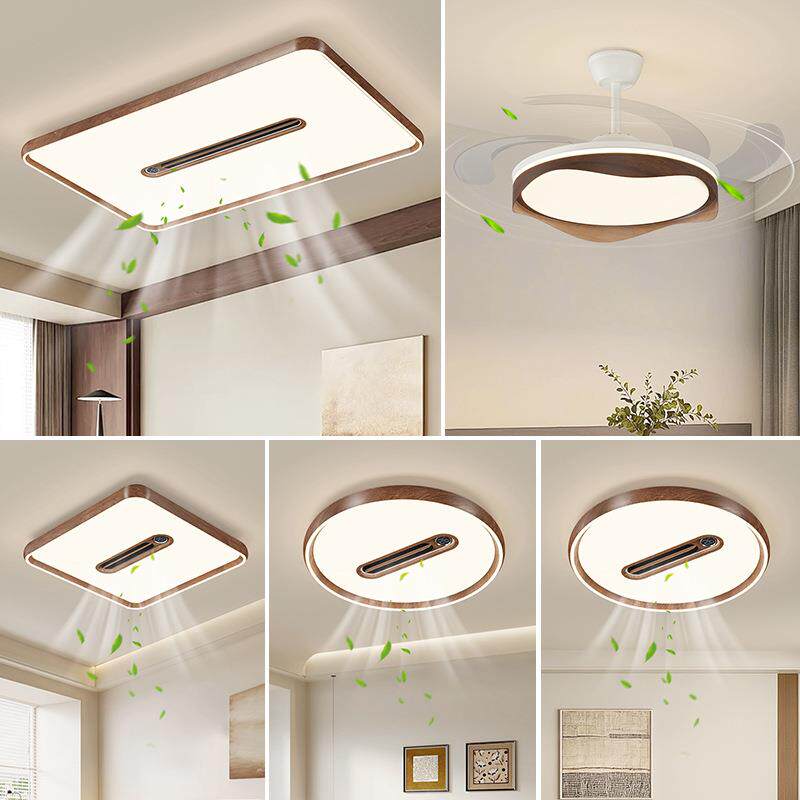 负离子数显无叶风扇灯胡桃木色客厅吸顶灯中古风静音电扇一体灯具