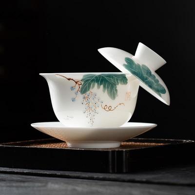 德化手绘白瓷三才盖碗悬停旋转单个高档泡茶碗陶瓷功夫茶盖碗茶具