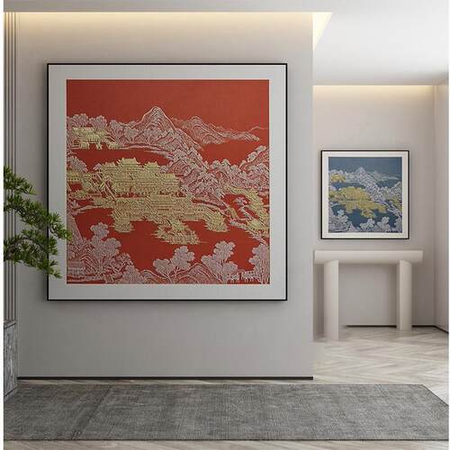 新中式装饰画客厅玄关壁画红色山水抽象肌理线条艺术高级感挂画