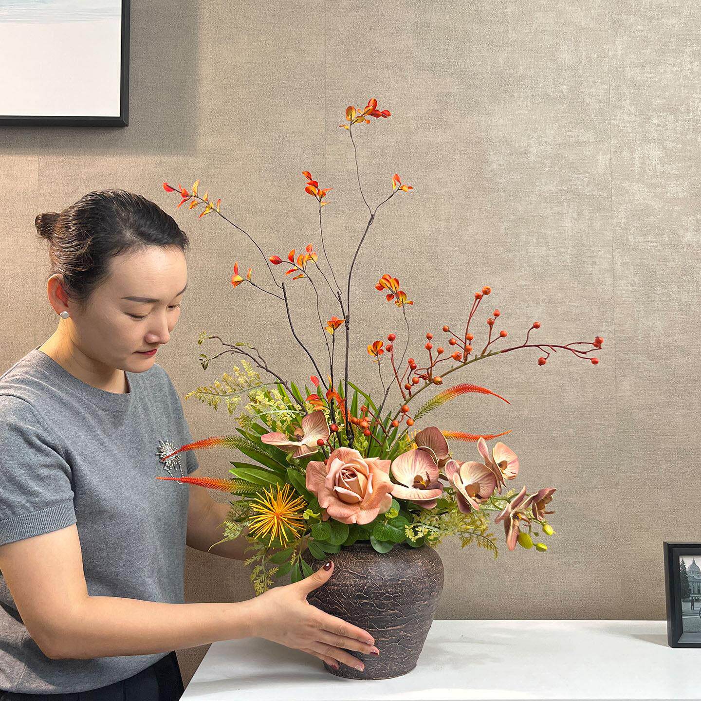覆古彷真花高级感逼真玫瑰彷生花餐桌花装饰假花客厅插花桌面摆花
