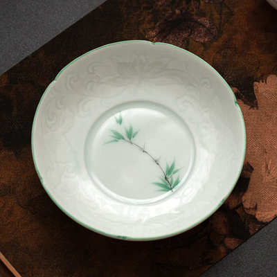 手绘绿竹葵口壶承干泡台德化白瓷功夫茶壶垫中式点心盘水果盘托盘