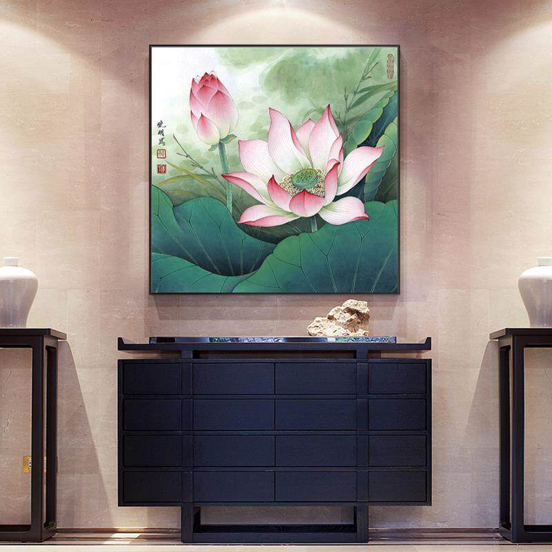 客厅装饰画壁画墙画莲花挂画荷花图正对正方形入户门图化妆室鲤鱼