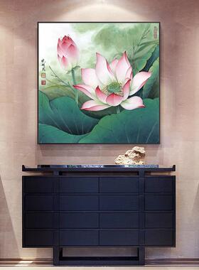 客厅装饰画壁画墙画莲花挂画荷花图正对正方形入户门图化妆室鲤鱼