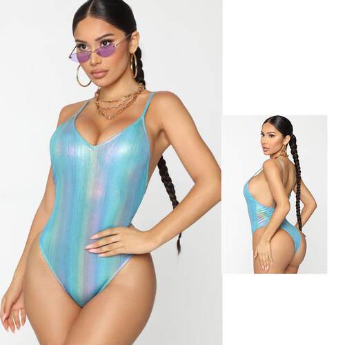 One-piece swimsuit with colorful stripes, shiny women's