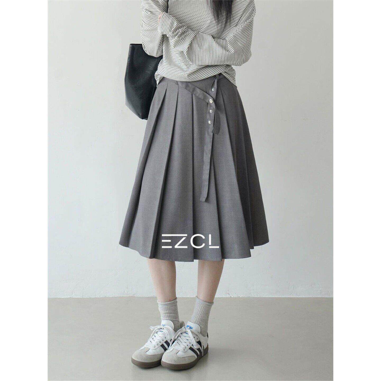 EZCL 春夏学院风灰色百褶半身裙女中长系带纽扣A字裙高腰显瘦裙子