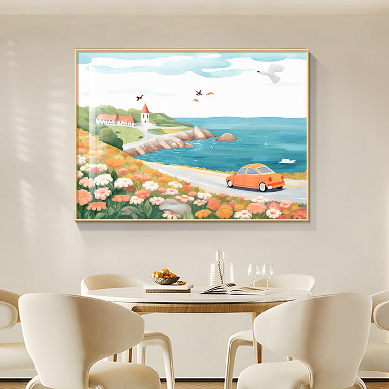 北欧海边风景装饰画 画田园风光治愈系饭厅挂画 画横版客厅饭厅单