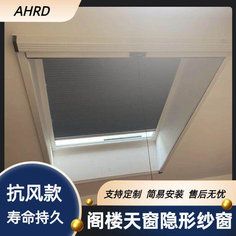 阁楼斜屋面天窗隐形推拉纱窗伸缩卷轴平对开 防风蚊虫防盗安装定