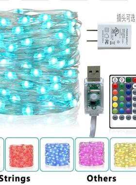 现货三线大灯珠16色铜线灯串USB七彩同步闪24/28键遥控ledRGB灯