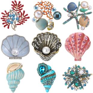 Enamel Starfish Brooches for Women Unisex Pearl Shell Sea Pl