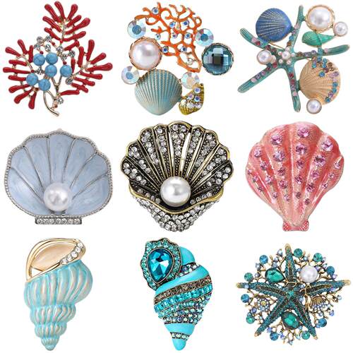 Enamel Starfish Brooches for Women Unisex Pearl Shell Sea Pl