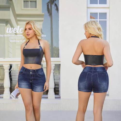 Stretch high waisted denim shorts for women