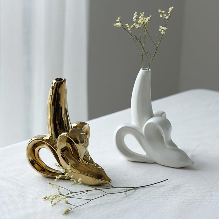 出口美国设计师品牌哑光白色/金色香蕉装饰饰品花瓶/小花器