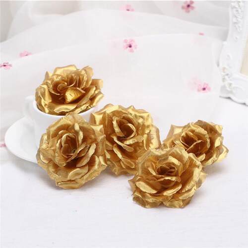 10pcs 8cm Gold Artificial Rose Silk Flower Heads Decorative