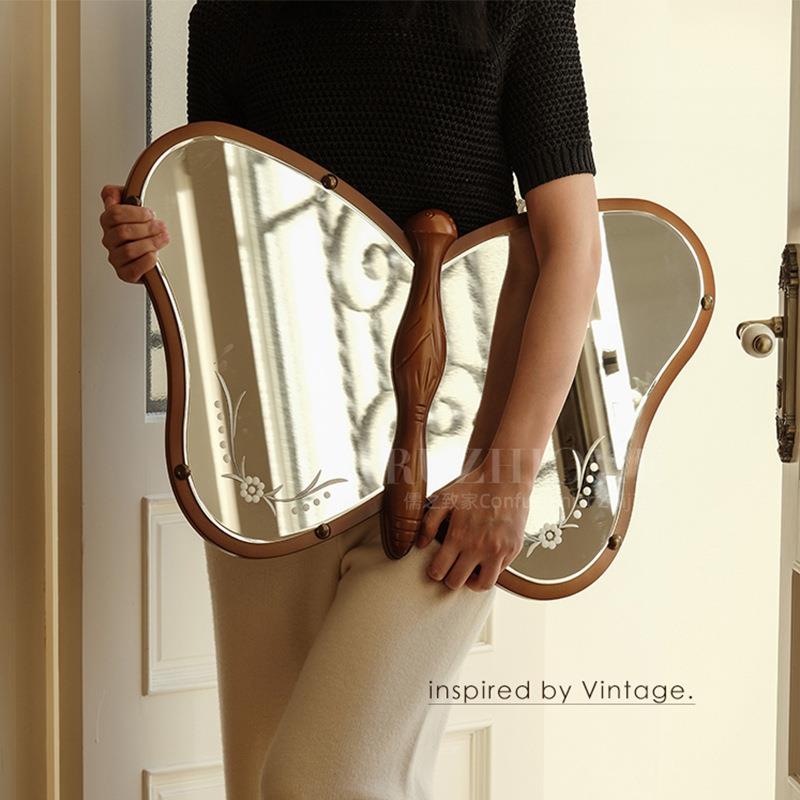 中古实木蝴蝶镜艺术木质手工雕刻法式装饰镜复古悬挂异形镜子