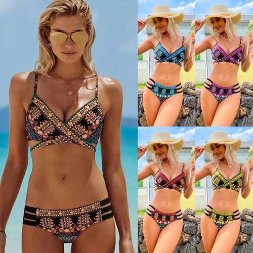 Cross straps on the chest, split swimsuit, women's printed