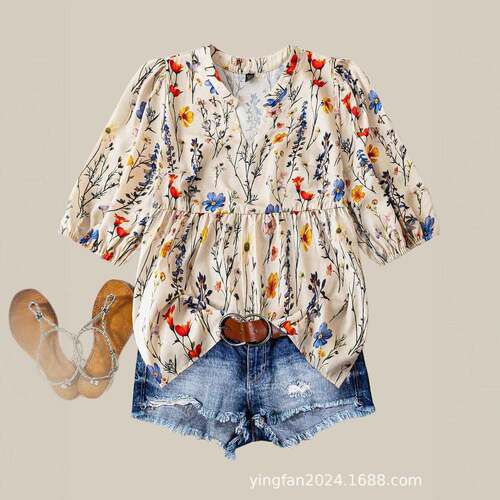 【Plus Size】 Floral Print Tie Neck Blouse Boho Ruched Bust
