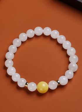 天然8mm单圈和田玉手链14k包金精美蜜蜡圆珠手串女质地细腻