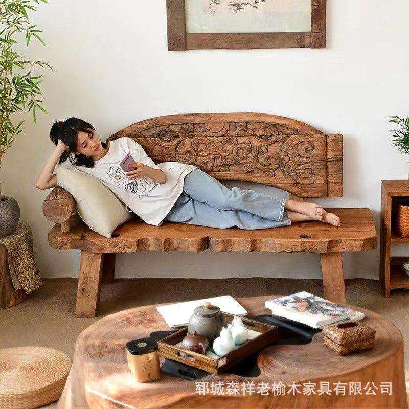 老榆木罗汉床躺椅雕花沙发禅意贵妃榻睡美人榻贵妃椅复古民宿