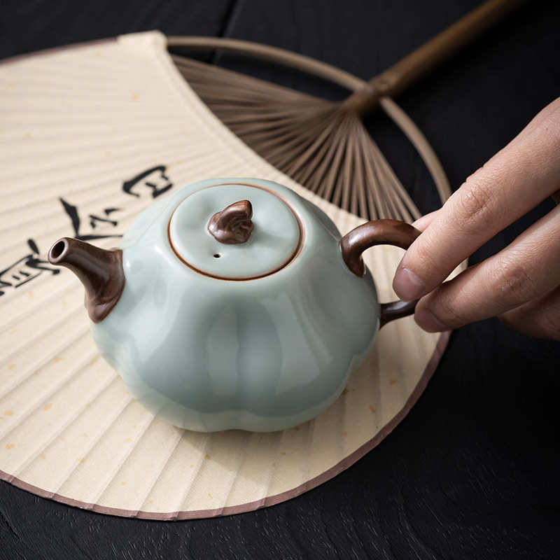 宋朴天青南瓜壶汝窑茶壶陶瓷手工单壶大号功夫茶具汝瓷可养泡茶壶