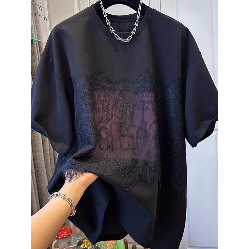 休闲短袖T恤女夏季新款时尚印花设计感蕾丝拼接大码半袖小衫上衣