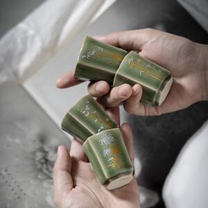 越窑梅子青瓷四方品茗杯功夫茶具陶瓷茶杯闻香杯梅兰竹菊四客杯