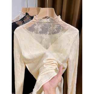 高领加绒蕾丝打底衫 叠穿镂空气质网纱1219e 女内搭秋冬2025新款