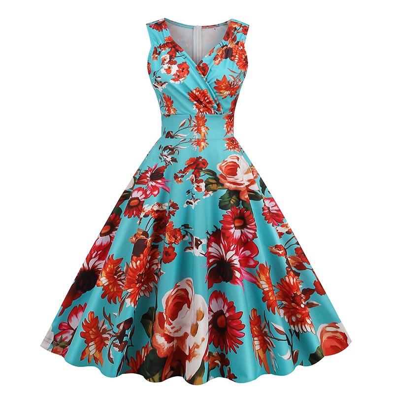 Women's Plus Size Floral Print V-Neck Dress, Sleeveless High图片