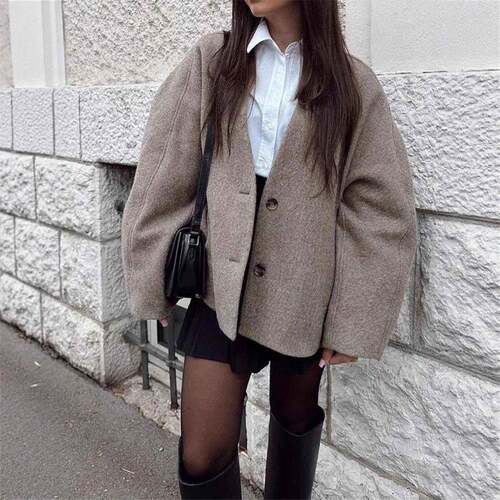 Womens Solid Button Front Pocket Woolen Coat Jackets Casual