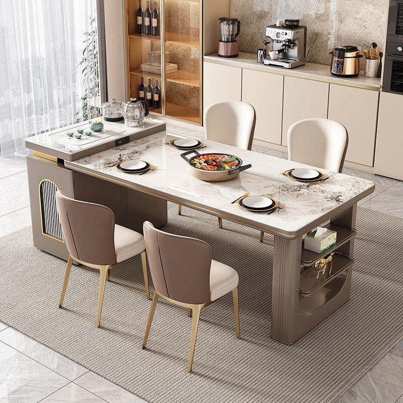 岛台餐桌家用小户型轻奢电磁炉可伸缩岩板餐桌椅茶桌一体两用组合