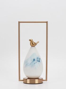 高档新中式现视创意铁艺禅意小陶瓷代摆饰鸟客厅艺术品玄关电柜装