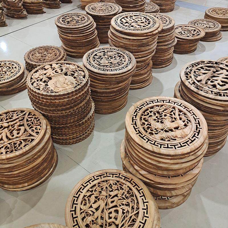 新中国风东阳木雕挂件圆形客厅墙装饰画樟脑实木雕刻工艺品背景墙