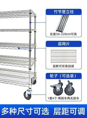 加厚带轮镀铬线网货架仓库仓储家用置物层架金属不锈钢防静电货架