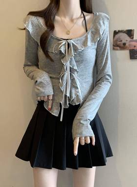 荷叶边V领正肩灰色长袖T恤女春季新款大码胖吊带外搭上衣0111e
