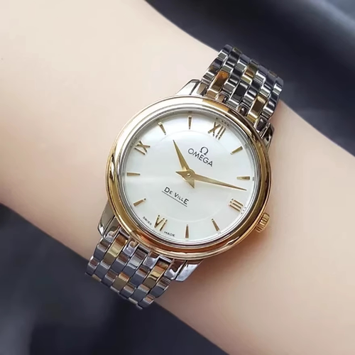 一口价9.8新欧米茄碟飞精钢18K黄金石英女表424.20.24.60.05.001