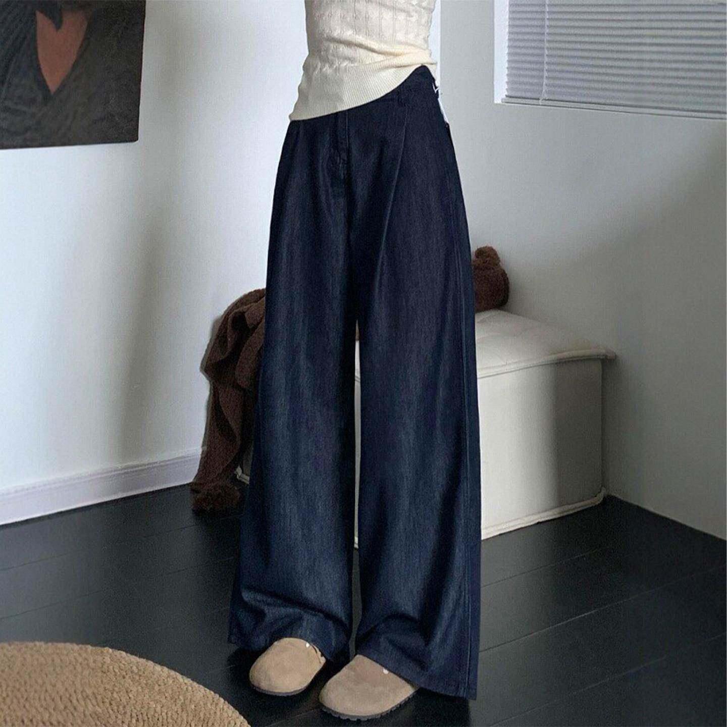 深蓝色冰丝阔腿牛仔裤女夏季薄款胖妹妹mm高腰宽松显瘦天丝直筒裤