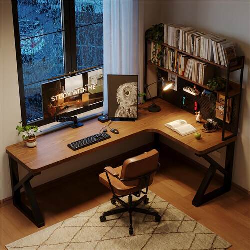 实木转角书桌书架一体l型拐角电脑桌卧室家用学生学习写字办公桌