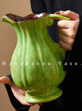 景德镇复古陶瓷花瓶绿色纯手工插花台面装饰花器客厅水培插花摆件