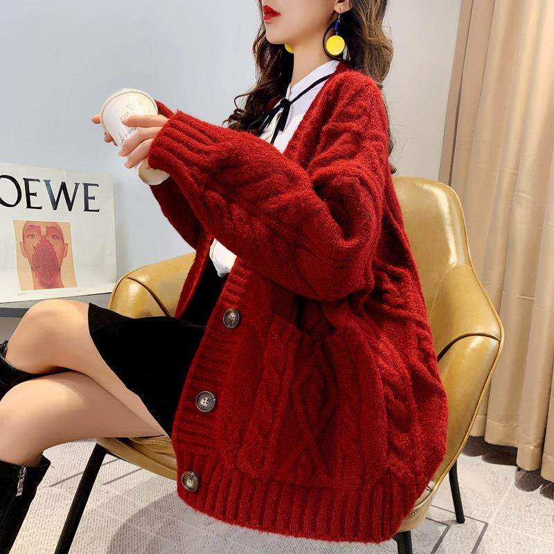 毛衣开 衫外套女春秋2025年新款宽松显瘦慵懒风中长版红色针织上