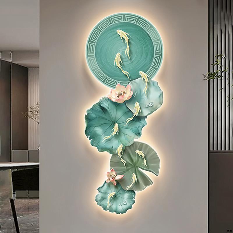 网红荷花过鱼入图户玄关装饰画精雕灯画正对门楼梯道走九廊挂画图片