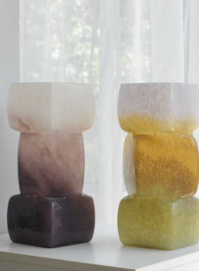 绝美中古琉璃花瓶彩色方糖几何方块小众高级感插花软装玄关摆件