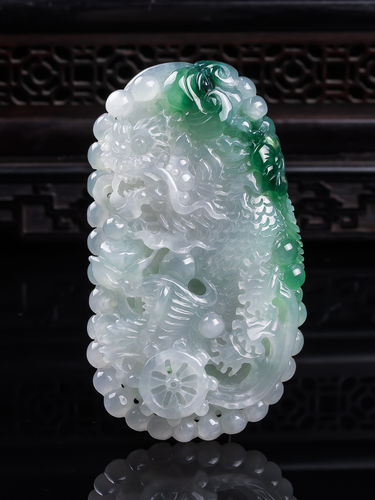 缅甸天然真品翡翠冰蓝满色飘花高端精品闪拍龙头鱼玉石吊坠65.08g